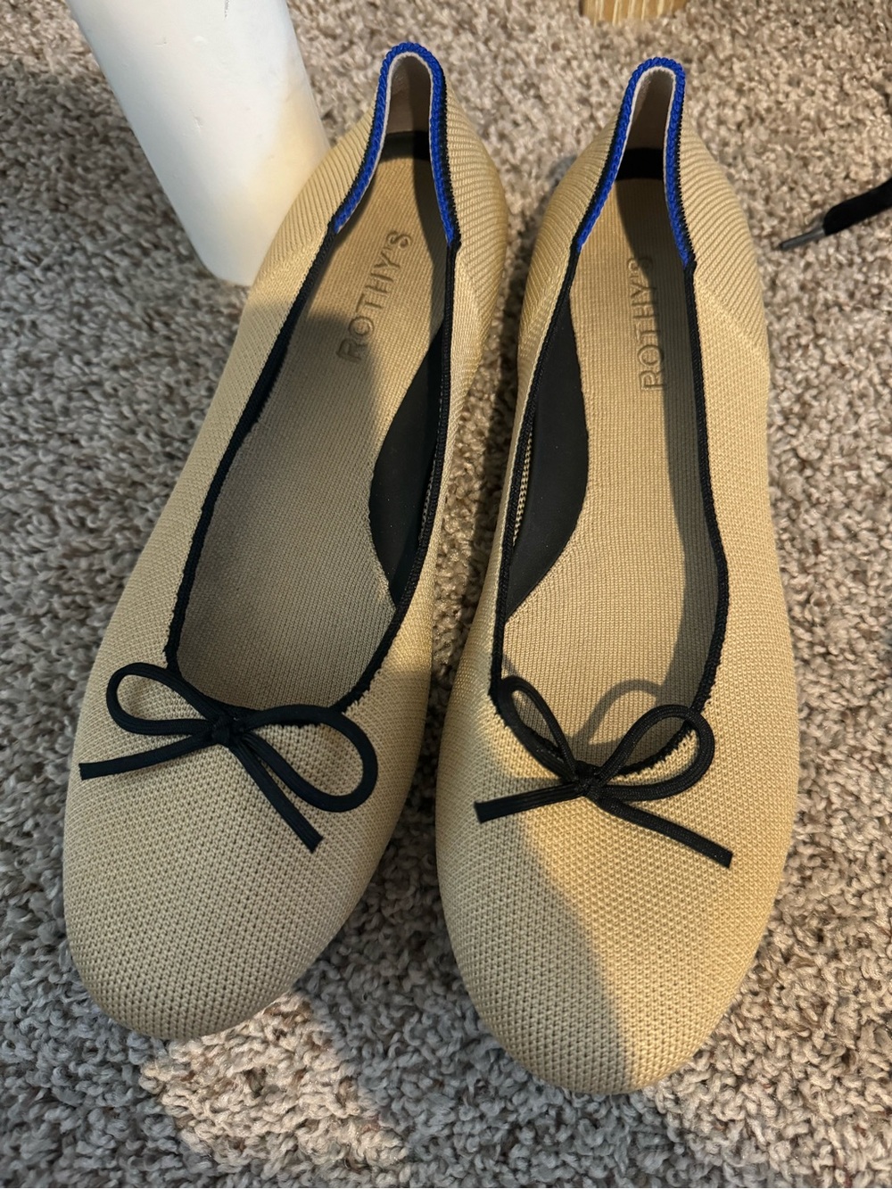 Rothy's Beige Knit Ballet Flats with Black Trim and Bow